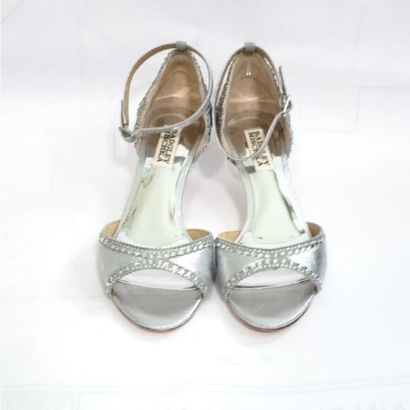 Badgley, Mishka sandal Silver Leather Bling Ankle Strap Kitten Heel 8 - Picture 5 of 12